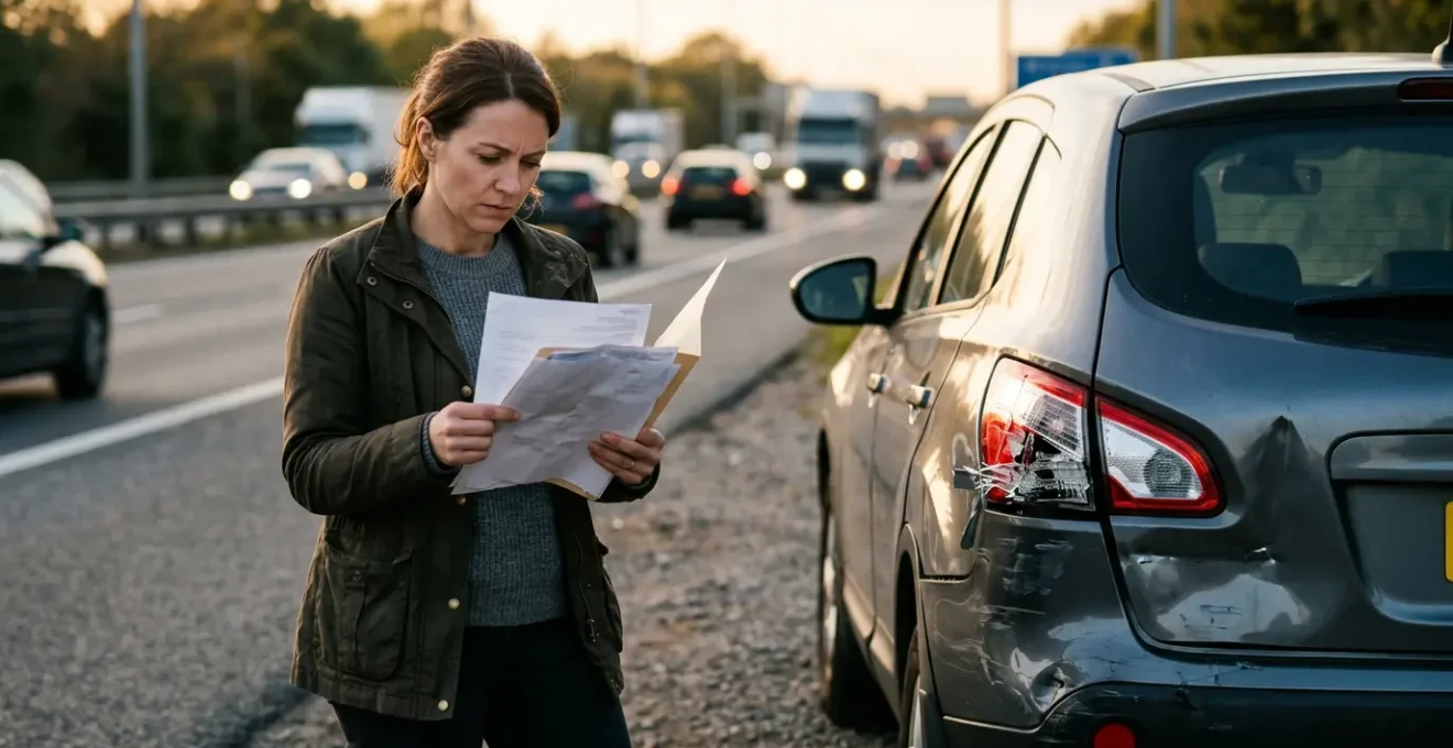 Conducteur examinant des documents d'assurance après un accident de voiture