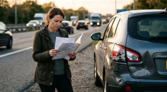 Conducteur examinant des documents d'assurance après un accident de voiture