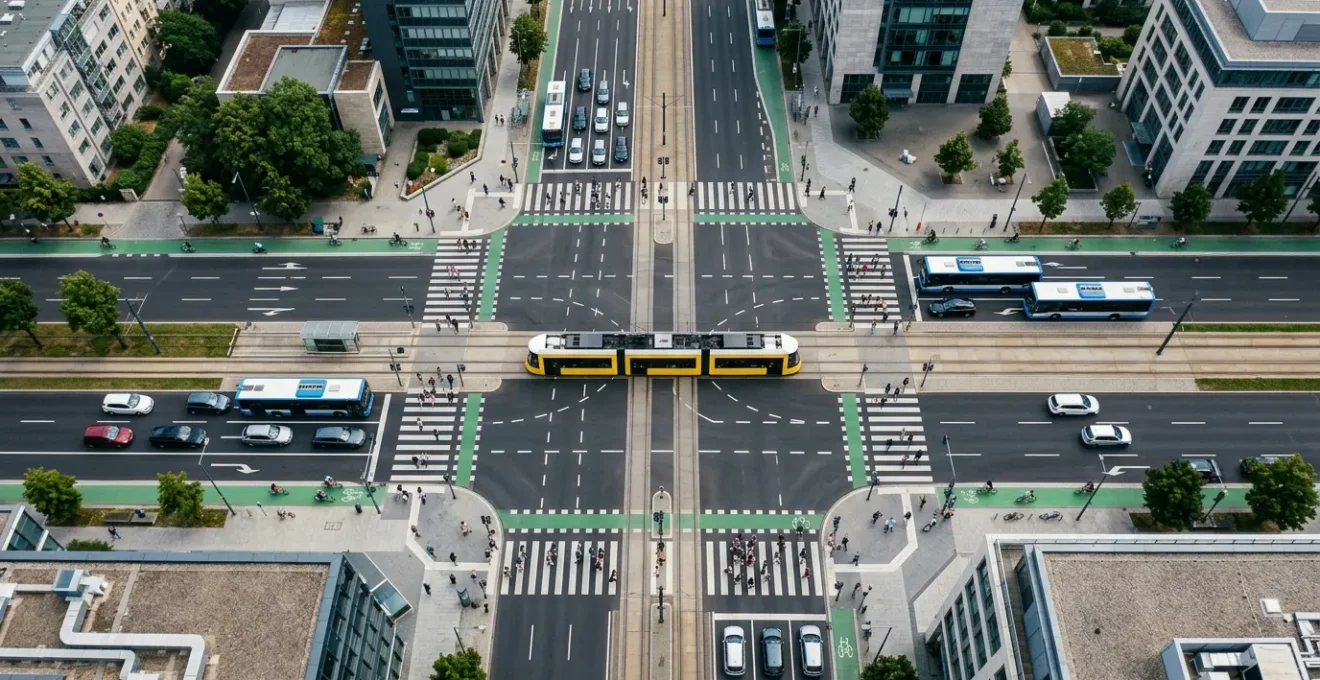 Vue aérienne d'un carrefour urbain avec des moyens de transport variés convergeant harmonieusement
