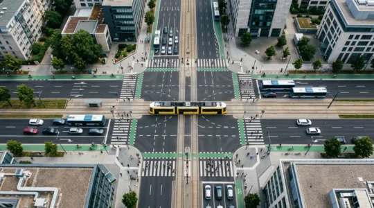 Vue aérienne d'un carrefour urbain avec des moyens de transport variés convergeant harmonieusement