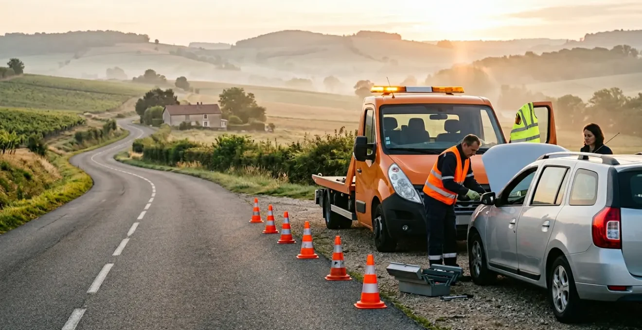 Scène de dépannage automobile sur une route française avec intervention d'assistance
