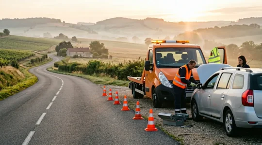 Scène de dépannage automobile sur une route française avec intervention d'assistance