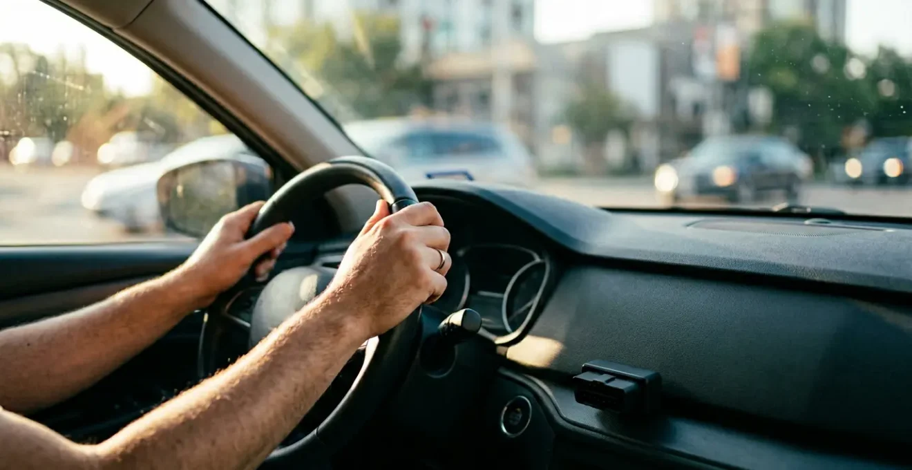 Vue intérieure d'une voiture avec tableau de bord moderne et boîtier connecté, conducteur attentif sur route urbaine
