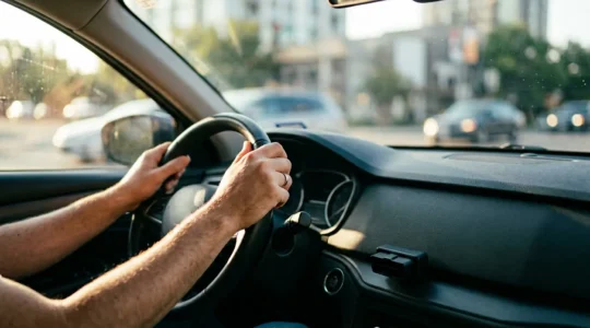 Vue intérieure d'une voiture avec tableau de bord moderne et boîtier connecté, conducteur attentif sur route urbaine