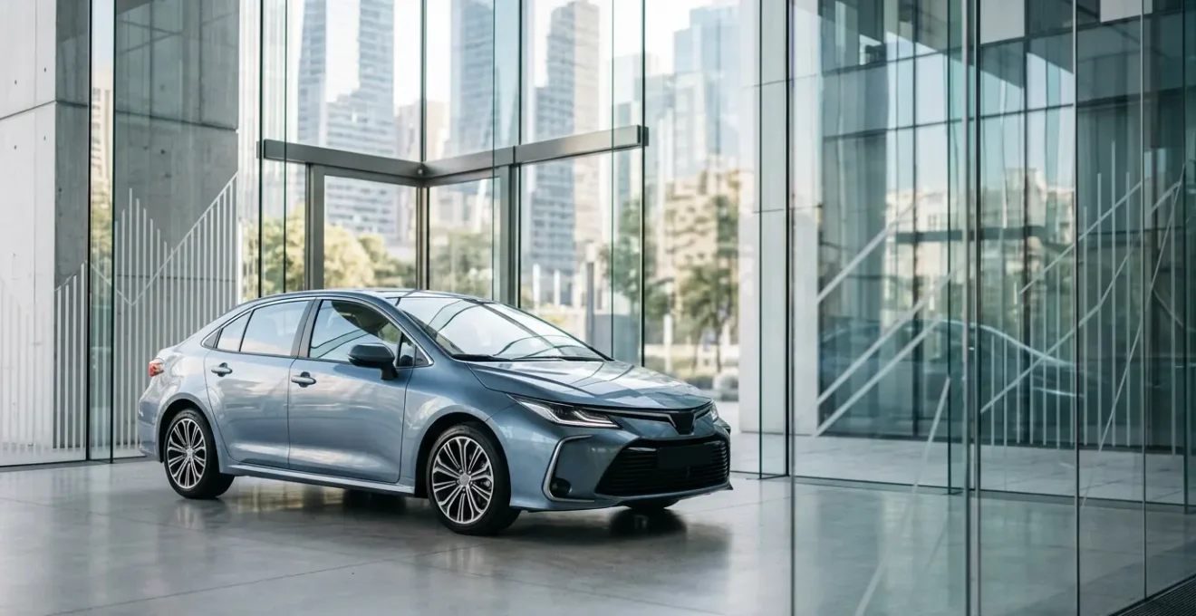 Voiture neuve dans un environnement moderne évoquant la protection financière et l'assurance