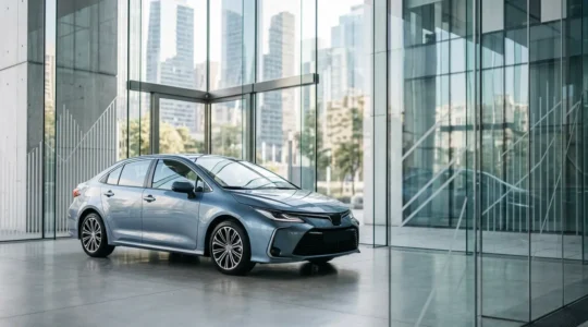 Voiture neuve dans un environnement moderne évoquant la protection financière et l'assurance