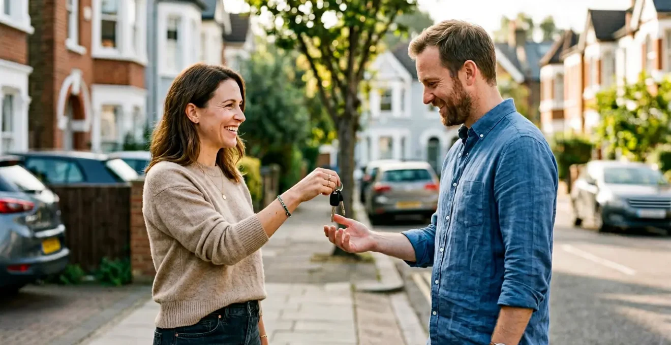 Échange de clés de voiture entre deux personnes souriantes dans un quartier résidentiel ensoleillé