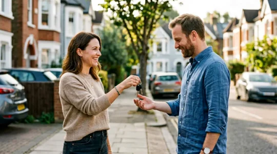 Échange de clés de voiture entre deux personnes souriantes dans un quartier résidentiel ensoleillé