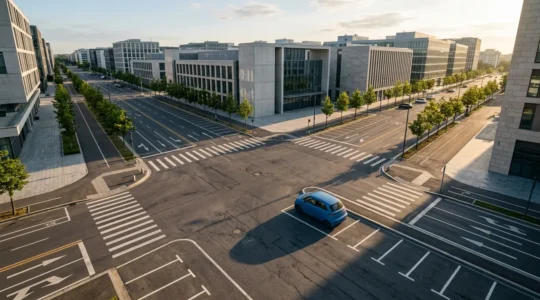 Vue aérienne d'une voiture électrique en autopartage dans une rue urbaine avec des zones de stationnement