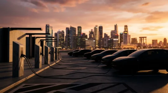 Station de recharge électrique moderne avec plusieurs véhicules en charge sur fond de ville futuriste