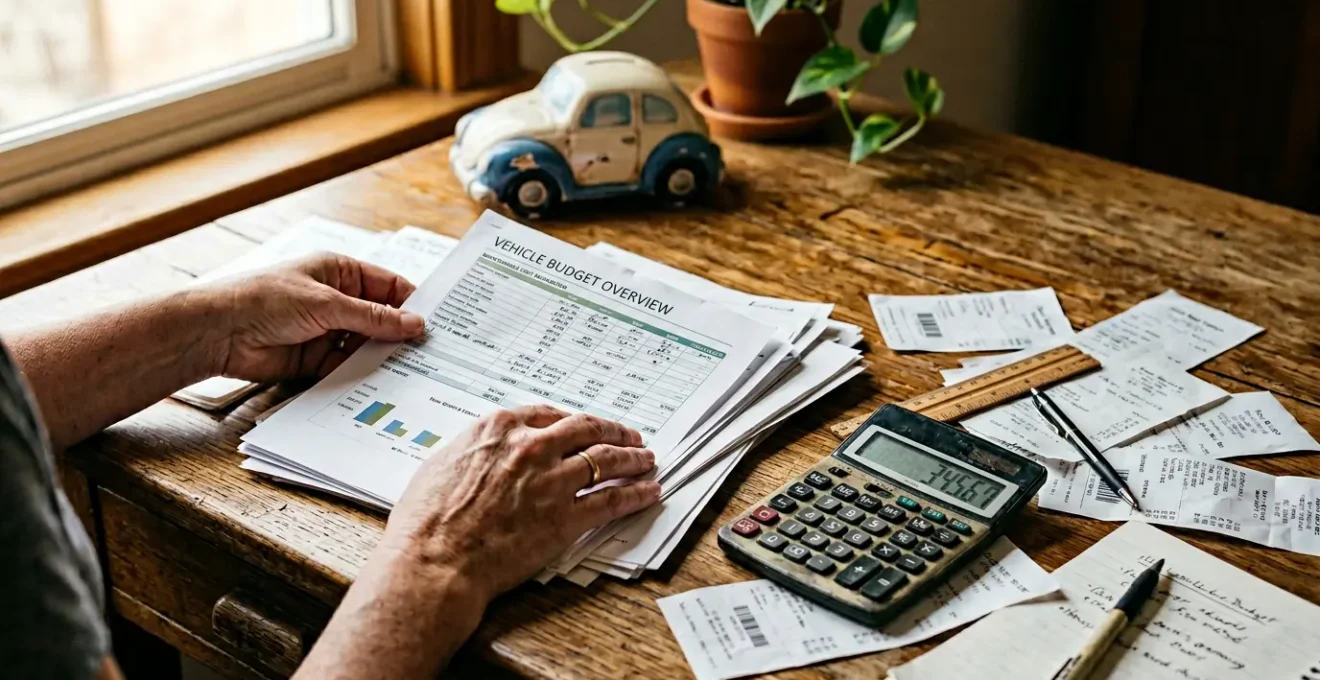 Personne analysant un tableau de suivi budgétaire automobile sur une table avec calculatrice et carnet d'entretien