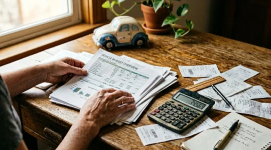 Personne analysant un tableau de suivi budgétaire automobile sur une table avec calculatrice et carnet d'entretien