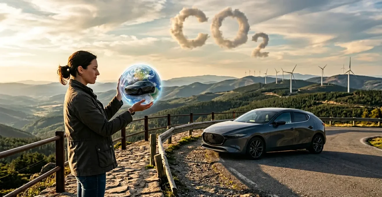 Conducteur analysant l'impact carbone de sa voiture sur une route de campagne