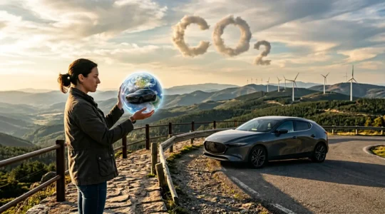 Conducteur analysant l'impact carbone de sa voiture sur une route de campagne