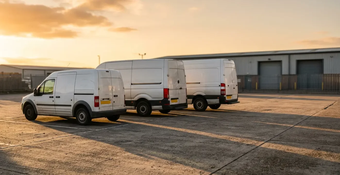 Vue de trois quarts de trois camions utilitaires de tailles différentes alignés sur un parking