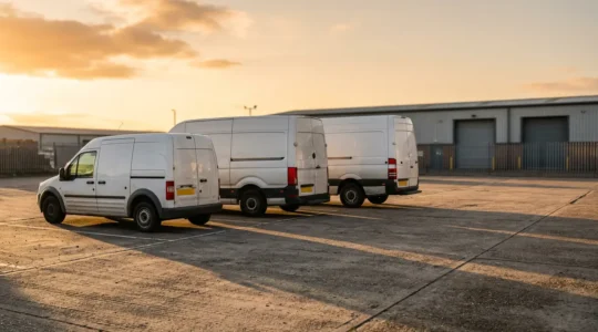 Vue de trois quarts de trois camions utilitaires de tailles différentes alignés sur un parking