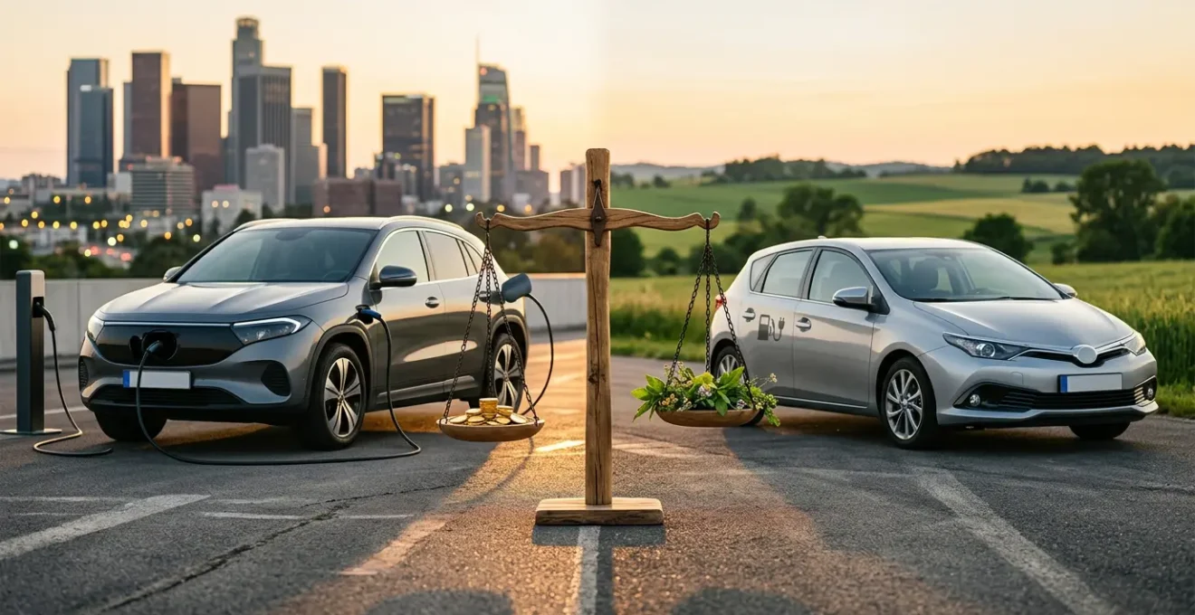 Comparaison visuelle entre véhicule électrique et hybride avec éléments économiques et environnementaux