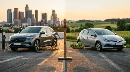 Comparaison visuelle entre véhicule électrique et hybride avec éléments économiques et environnementaux