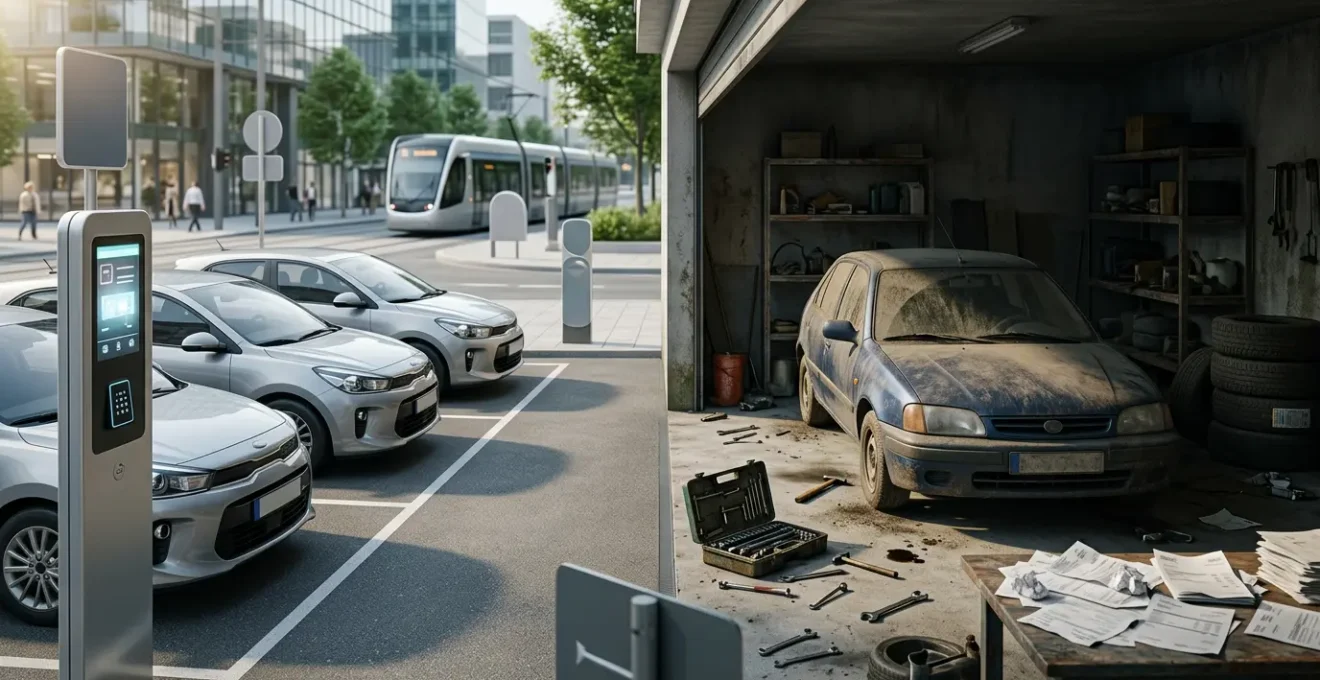 Vue split-screen montrant d'un côté une station d'autopartage moderne avec plusieurs voitures disponibles et de l'autre un garage personnel avec une voiture couverte de poussière