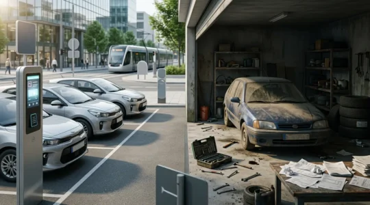 Vue split-screen montrant d'un côté une station d'autopartage moderne avec plusieurs voitures disponibles et de l'autre un garage personnel avec une voiture couverte de poussière
