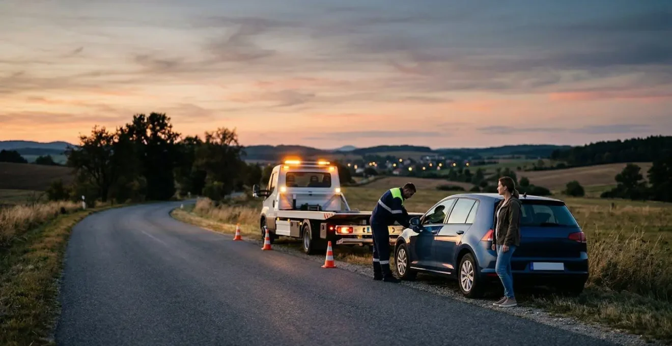 Conducteur utilisant l'assistance 0 km avec intervention rapide d'une dépanneuse professionnelle