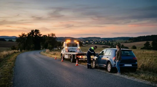 Conducteur utilisant l'assistance 0 km avec intervention rapide d'une dépanneuse professionnelle