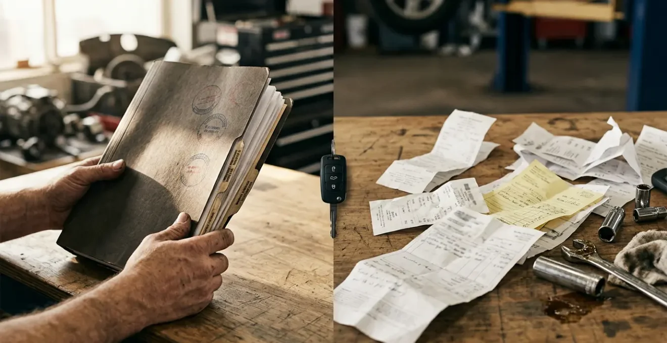 Vue comparative d'un mécanicien travaillant sous capot avec documents d'entretien