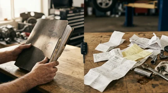 Vue comparative d'un mécanicien travaillant sous capot avec documents d'entretien