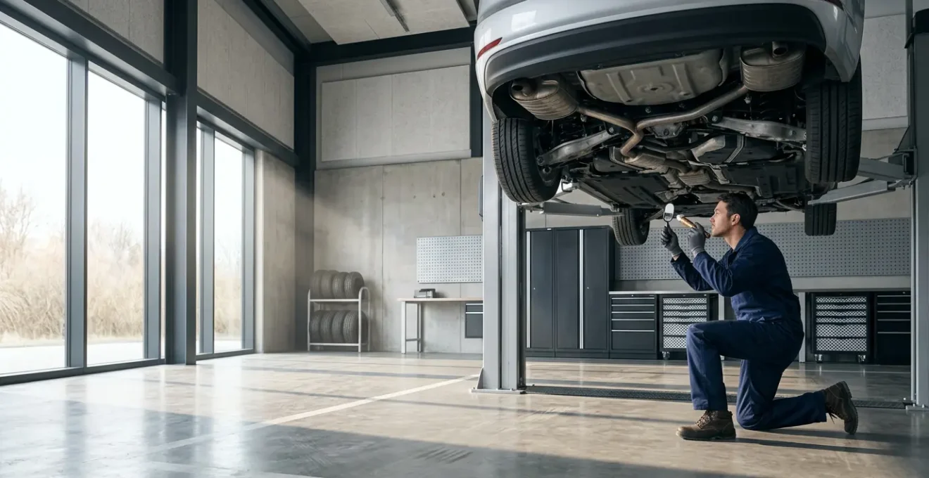 Mécanicien expert vérifiant minutieusement les points de contrôle sous le capot d'une voiture moderne dans un garage éclairé