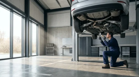 Mécanicien expert vérifiant minutieusement les points de contrôle sous le capot d'une voiture moderne dans un garage éclairé