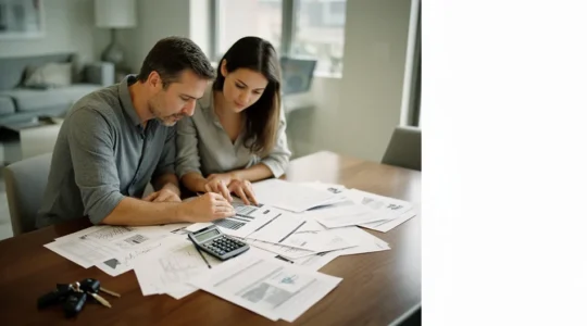 Couple étudiant attentivement des documents financiers pour un crédit automobile dans un salon lumineux