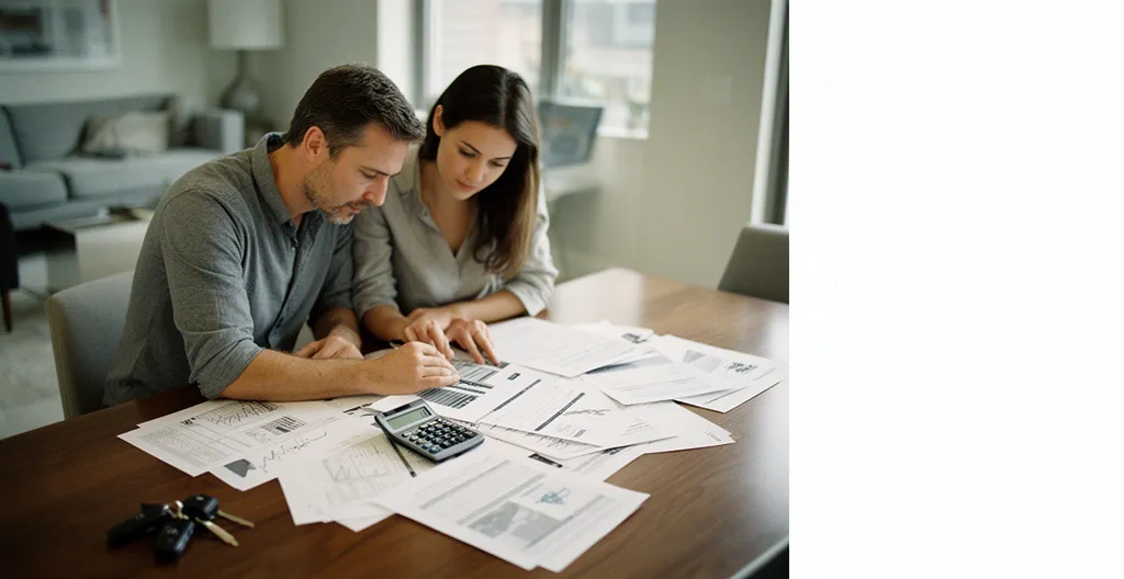 Couple étudiant attentivement des documents financiers pour un crédit automobile dans un salon lumineux