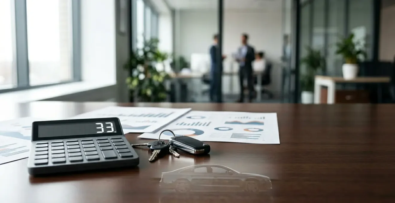 Dossier de crédit automobile avec calculatrice et documents financiers sur un bureau