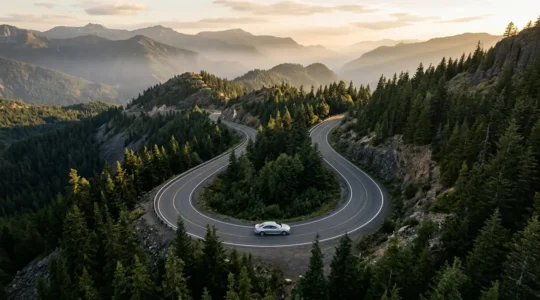 Vue aérienne d'une route sinueuse avec une voiture moderne au point central, symbolisant l'équilibre parfait du financement automobile