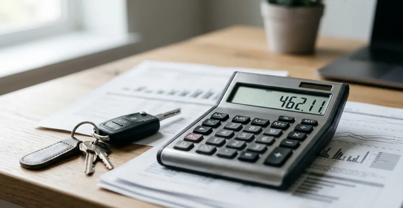 Calculatrice posée sur documents financiers avec clés de voiture, illustrant l'analyse du crédit automobile