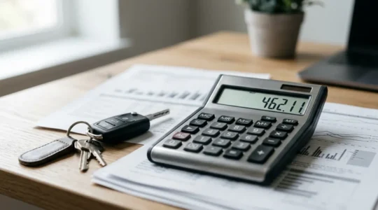 Calculatrice posée sur documents financiers avec clés de voiture, illustrant l'analyse du crédit automobile