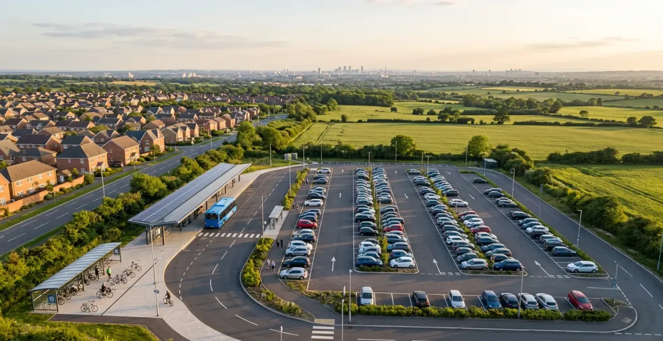 Vue aérienne d'un parking relais en grande couronne avec bus, vélos et voitures