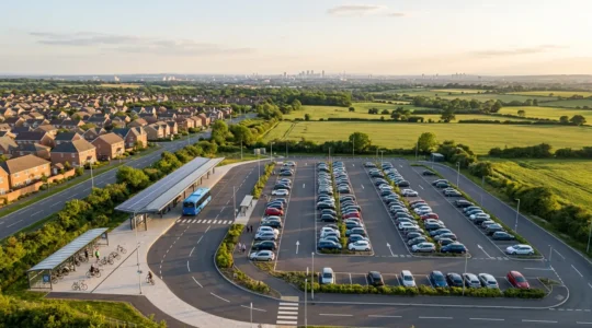 Vue aérienne d'un parking relais en grande couronne avec bus, vélos et voitures