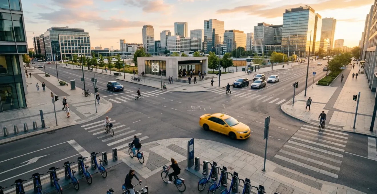 Vue aérienne d'une ville moderne avec différents modes de transport connectés par des lignes lumineuses