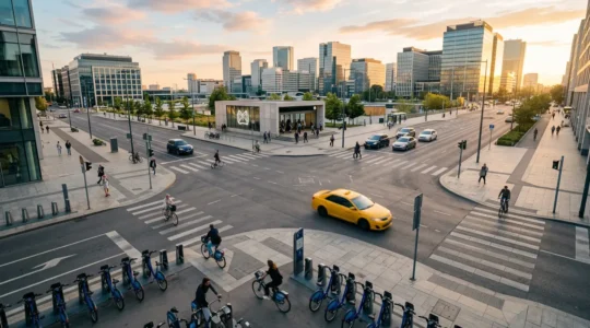 Vue aérienne d'une ville moderne avec différents modes de transport connectés par des lignes lumineuses