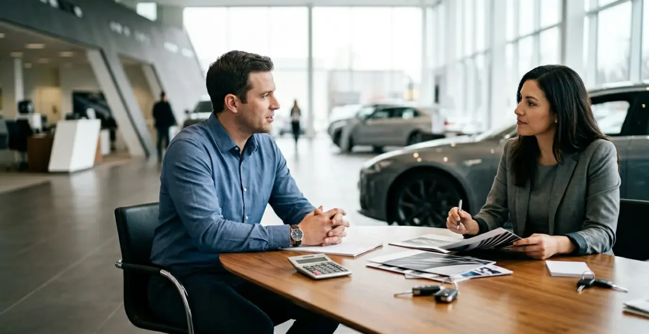 Vue d'une table de négociation avec documents automobiles et calculatrice