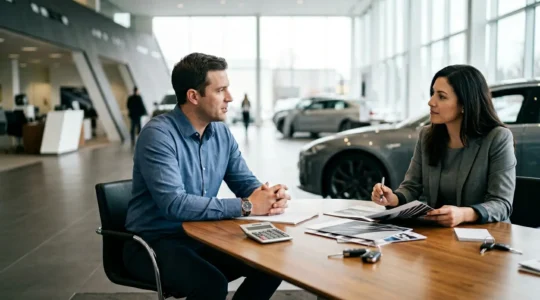Vue d'une table de négociation avec documents automobiles et calculatrice