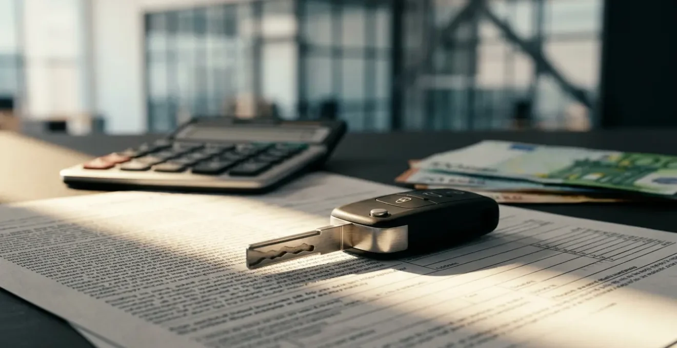 Clé de voiture moderne posée sur documents financiers avec calculatrice en arrière-plan