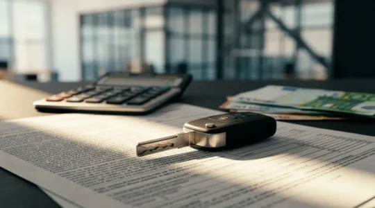 Clé de voiture moderne posée sur documents financiers avec calculatrice en arrière-plan