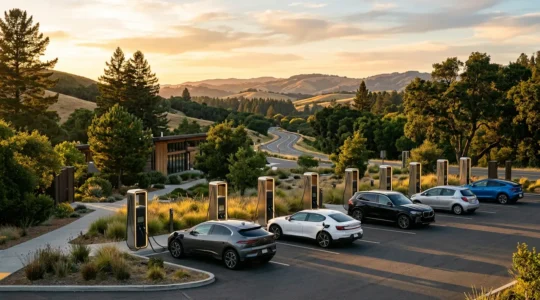 Aire d'autoroute moderne avec stations de recharge électrique et véhicules en charge