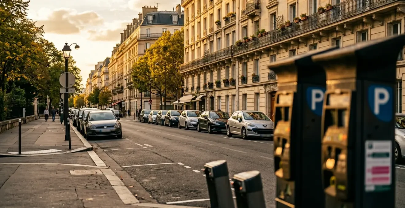 Scène urbaine moderne montrant une rue avec des places de stationnement, panneaux de signalisation et horodateurs