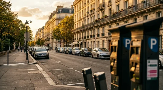 Scène urbaine moderne montrant une rue avec des places de stationnement, panneaux de signalisation et horodateurs