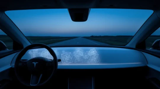 Tableau de bord moderne avec systèmes ADAS actifs et route devant