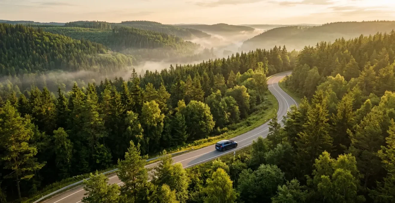 Vue aérienne d'une route sinueuse traversant une forêt verdoyante avec un véhicule électrique moderne