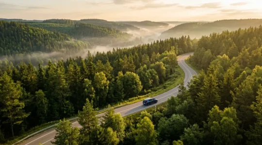 Vue aérienne d'une route sinueuse traversant une forêt verdoyante avec un véhicule électrique moderne